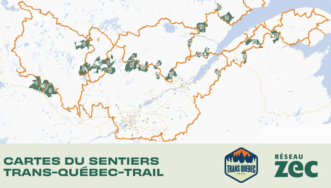 Carte du tracé de la Sentiers Trans-Québec Trail, en orange, du Témiscamingue à la Gaspésie. Les 25 ZEC traversées y sont colorées en vert et numérotées de 1 à 25, d'ouest en est.